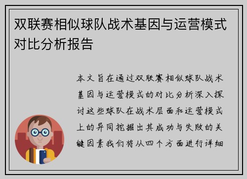 双联赛相似球队战术基因与运营模式对比分析报告